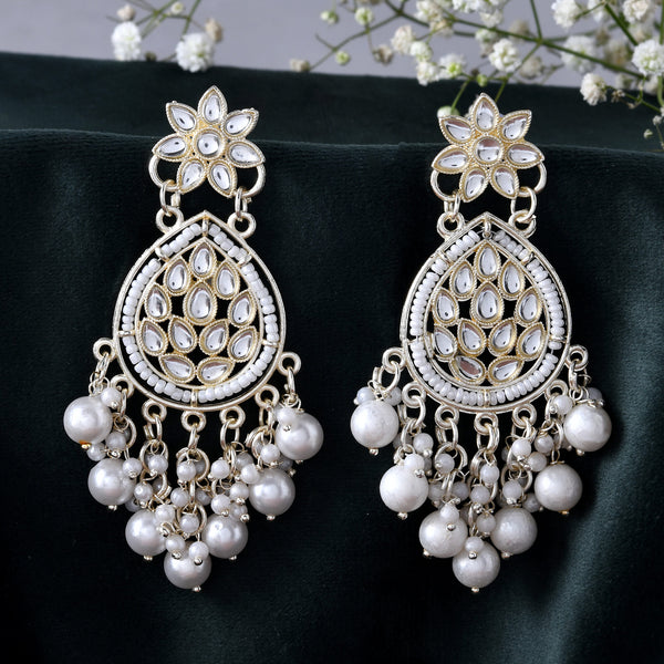 Jewels Nest Pearl-Embellished Kundan Teardrop Earrings with Floral Detailing - Distacart