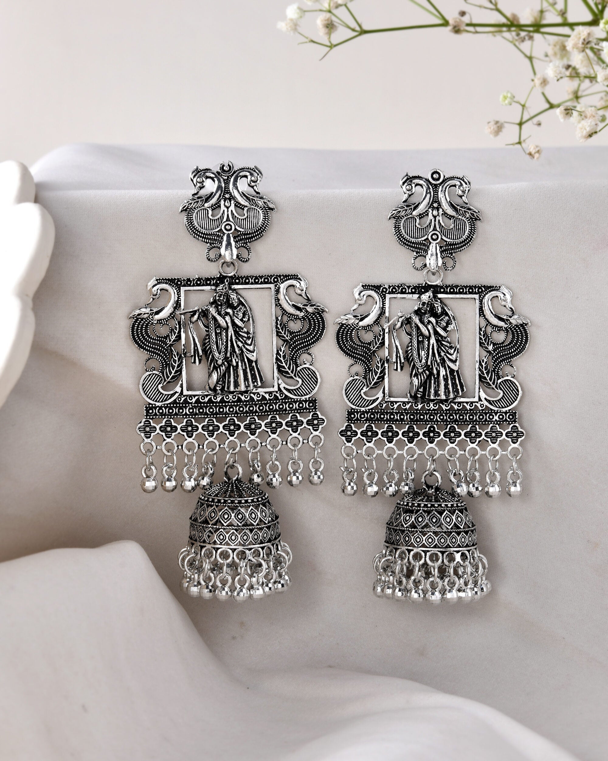 Jewels Nest Antique Silver Temple Jhumka Earrings with Intricate Detailing - Distacart