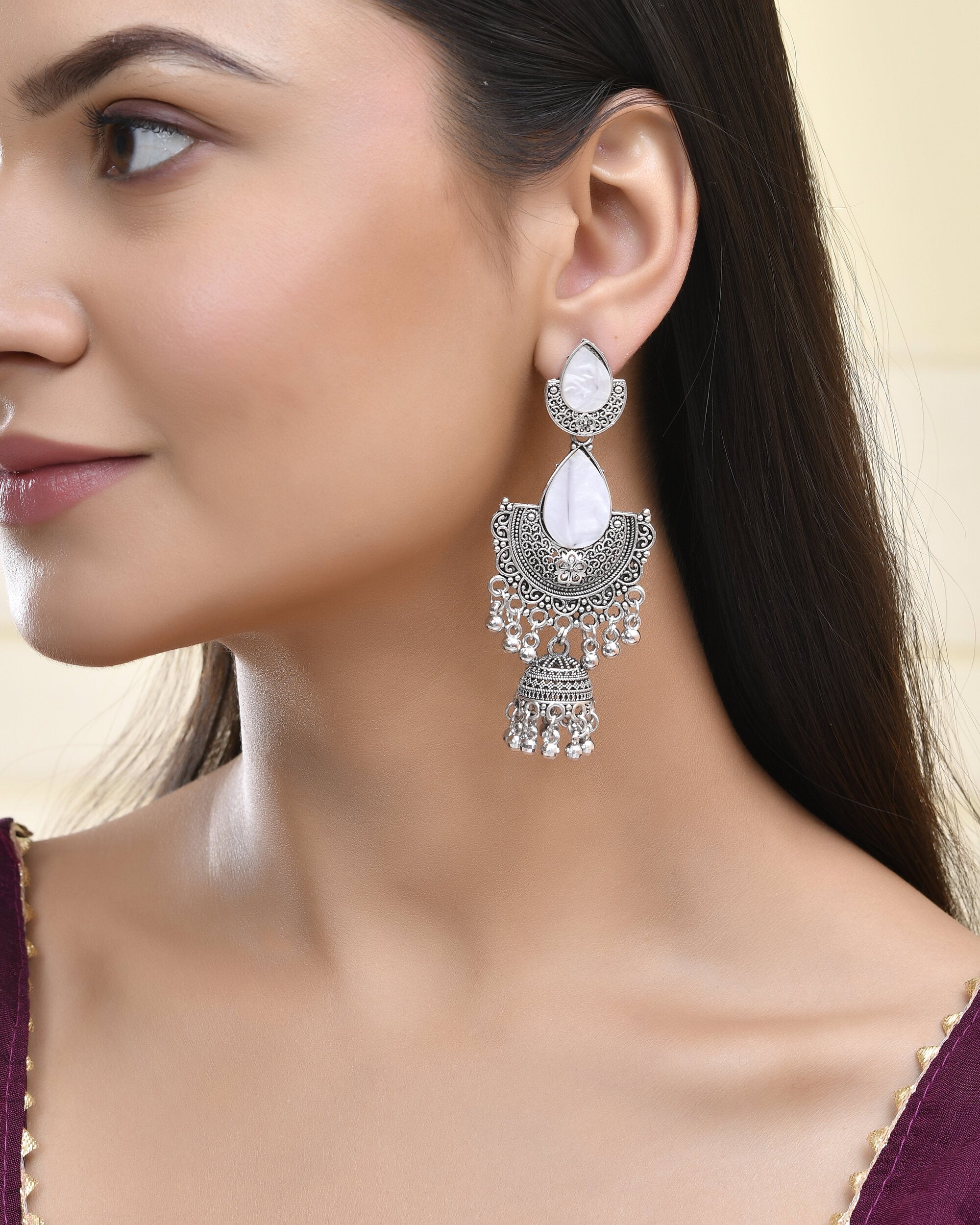 Jewels Nest Oxidized Silver Half Moon Jhumka Earrings with Intricate Design - Distacart