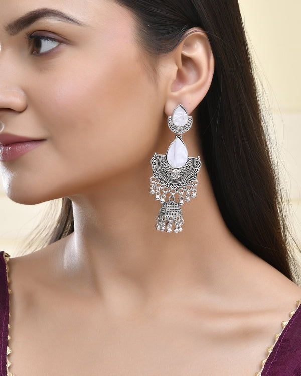 Jewels Nest Oxidized Silver Half Moon Jhumka Earrings with Intricate Design - Distacart