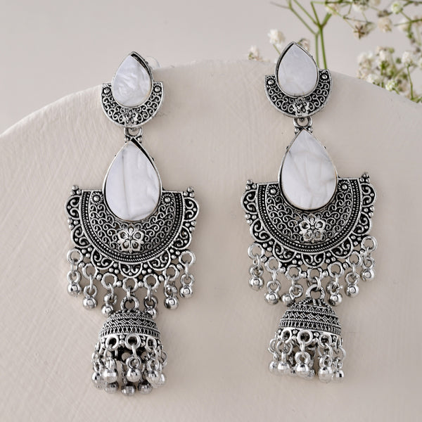 Jewels Nest Oxidized Silver Half Moon Jhumka Earrings with Intricate Design - Distacart