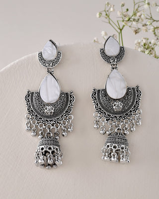 Jewels Nest Oxidized Silver Half Moon Jhumka Earrings with Intricate Design - Distacart