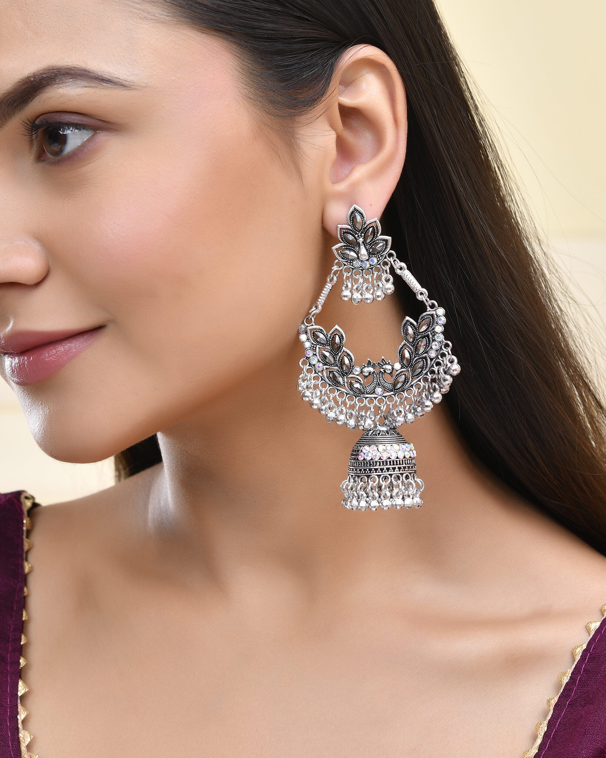 Jewels Nest Boho Floral Jhumka Earrings with Iridescent Stones - Distacart