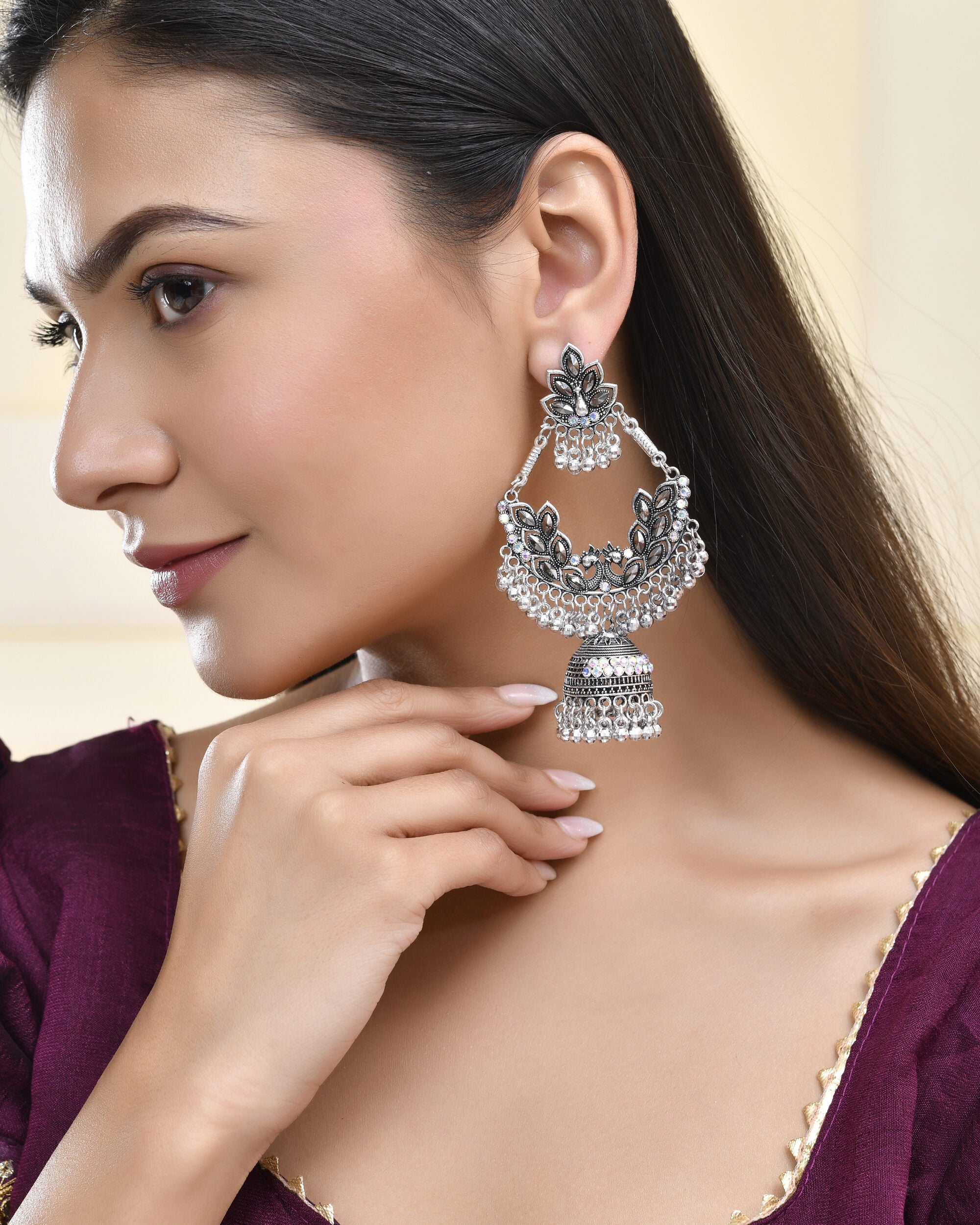 Jewels Nest Boho Floral Jhumka Earrings with Iridescent Stones - Distacart
