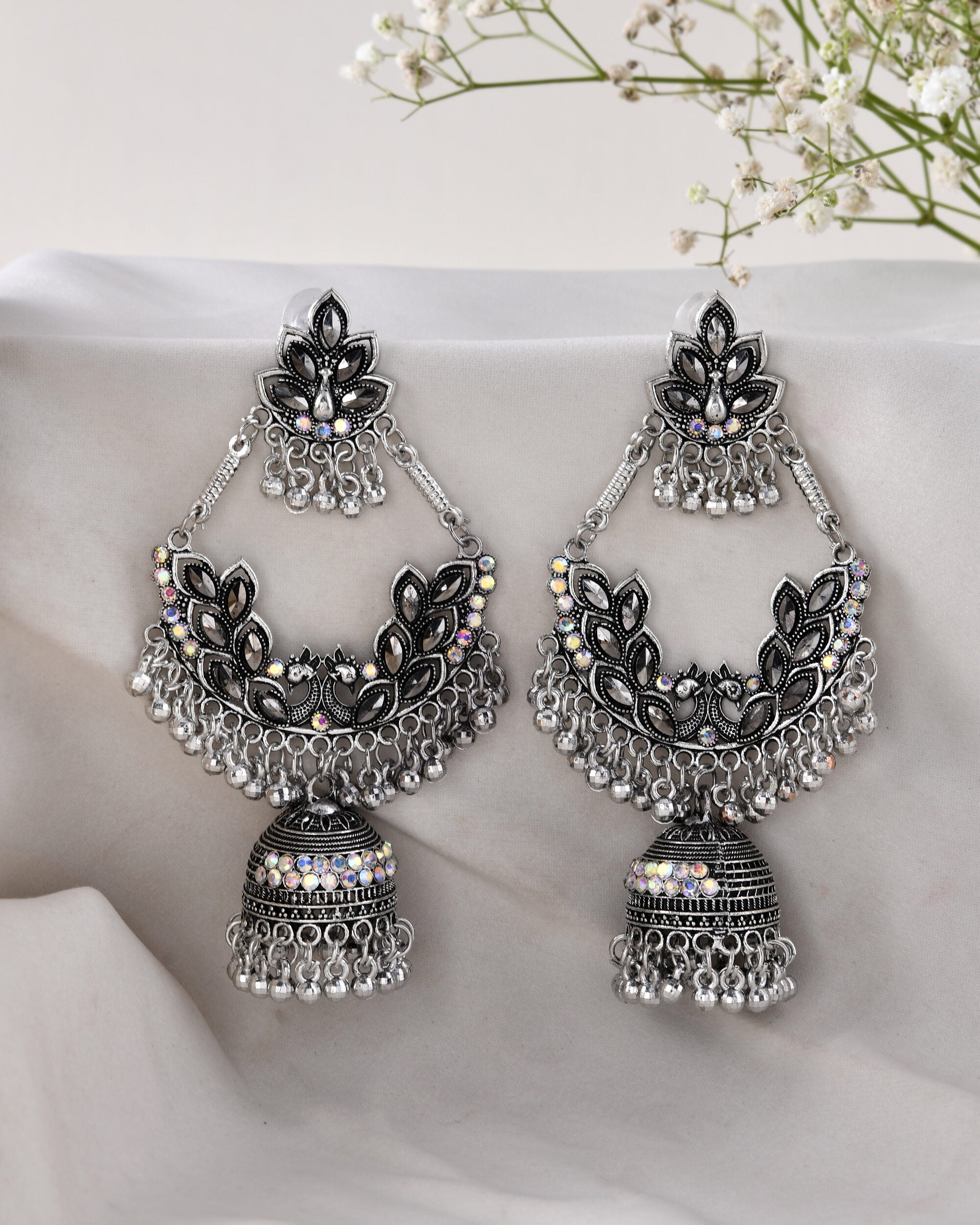 Jewels Nest Boho Floral Jhumka Earrings with Iridescent Stones - Distacart