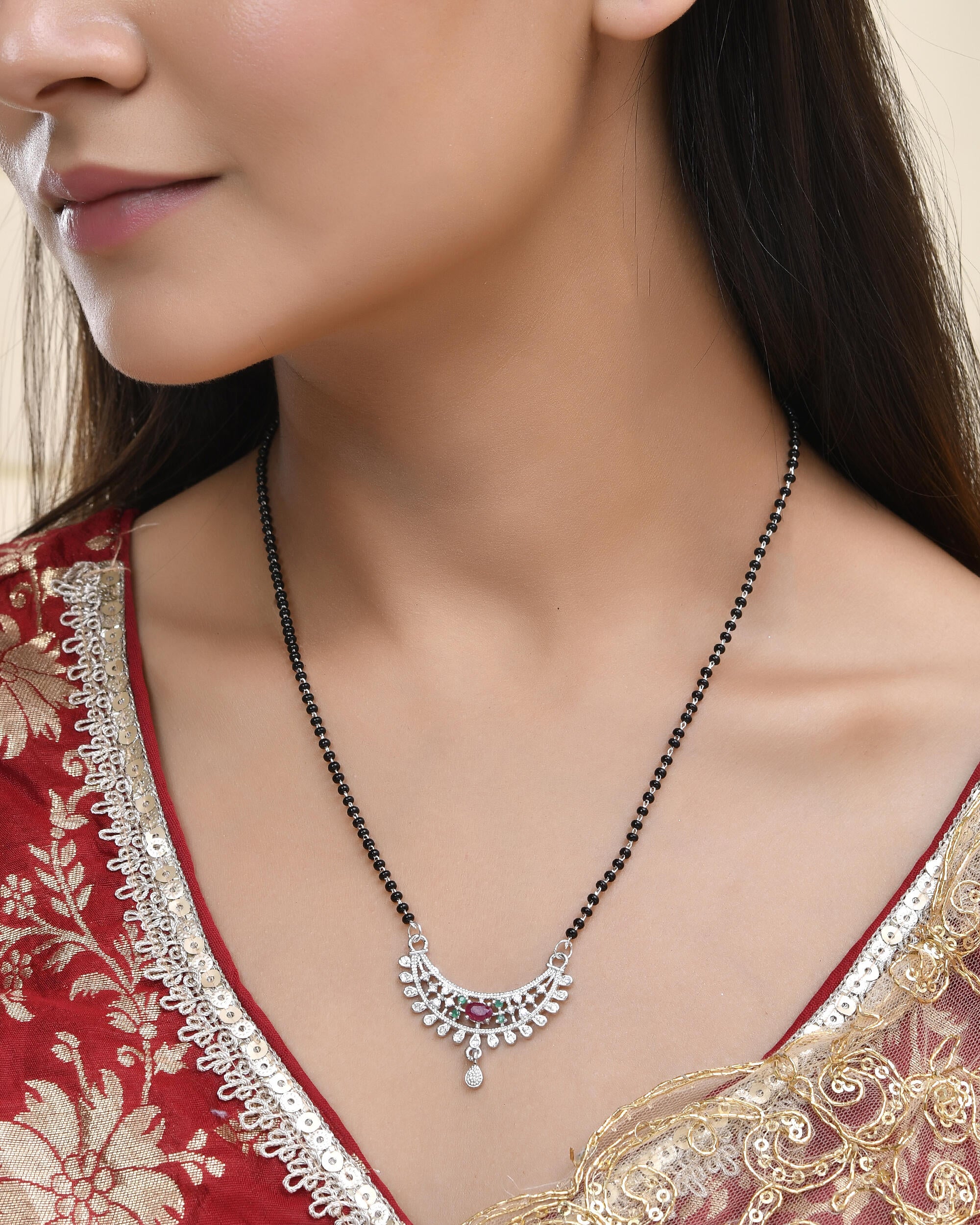 Jewels Nest Elegant Silver-Plated Mangal Sutra with Floral Crystal Pendant - Distacart