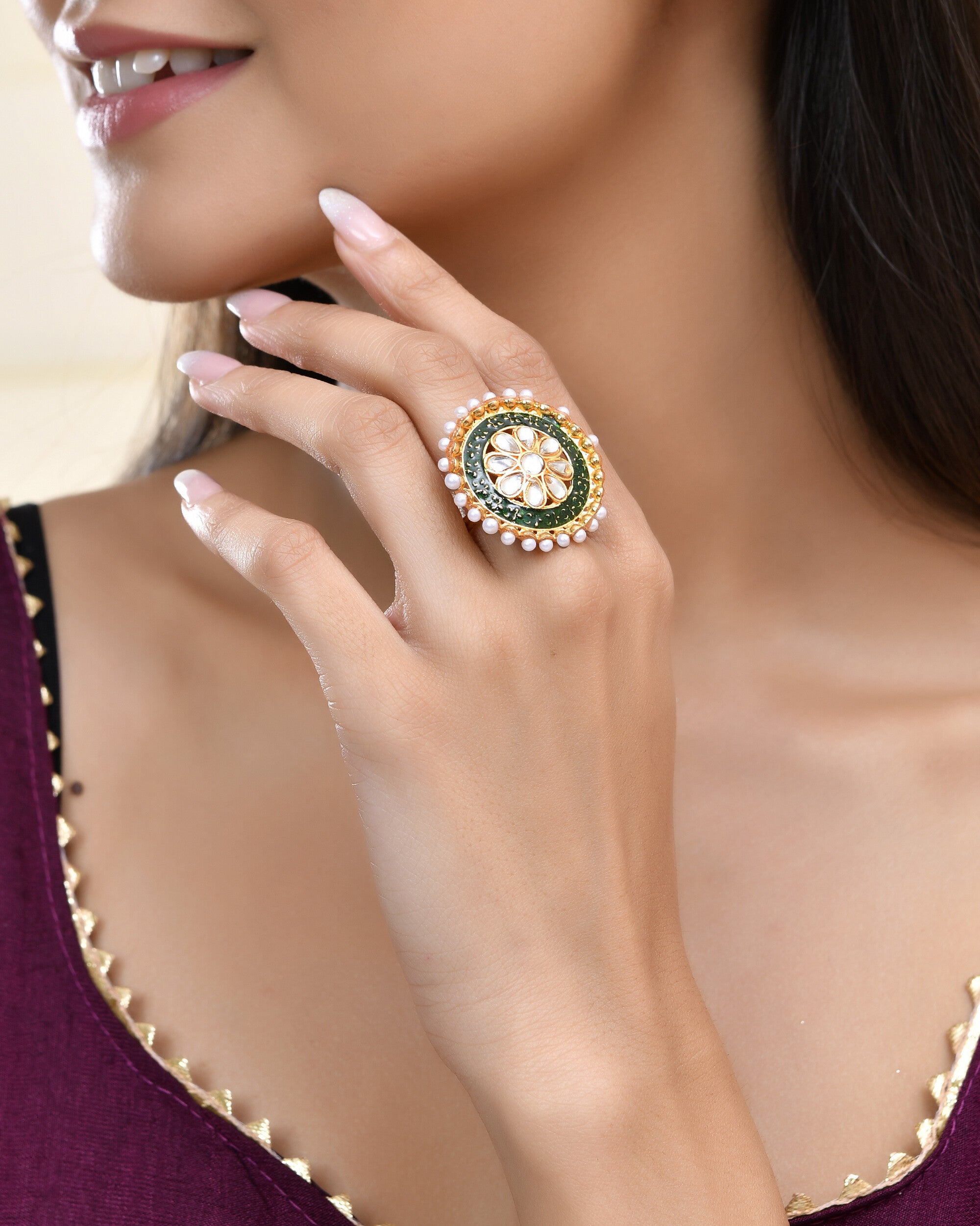 Jewels Nest Exquisite Kundan Meenakari Gold-Polished Rings - Distacart