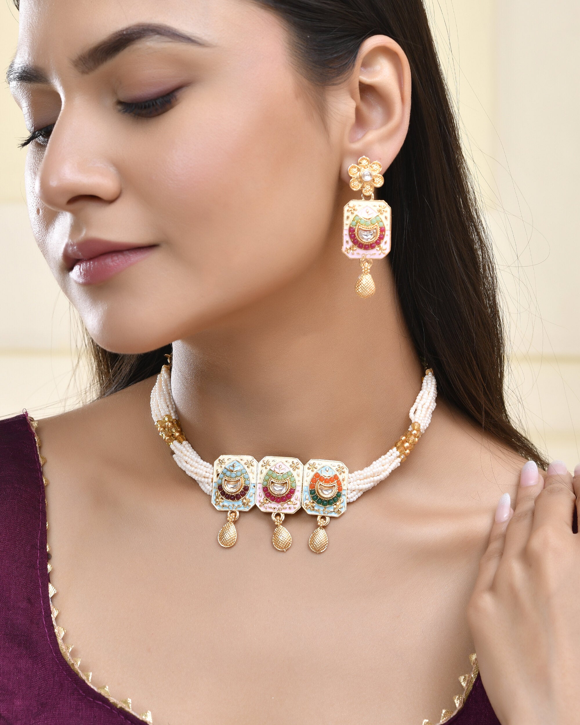 Jewels Nest Traditional Gold-Polished Kundan & Pearl Multi-Color Necklace and Earrings Set for Women - Distacart