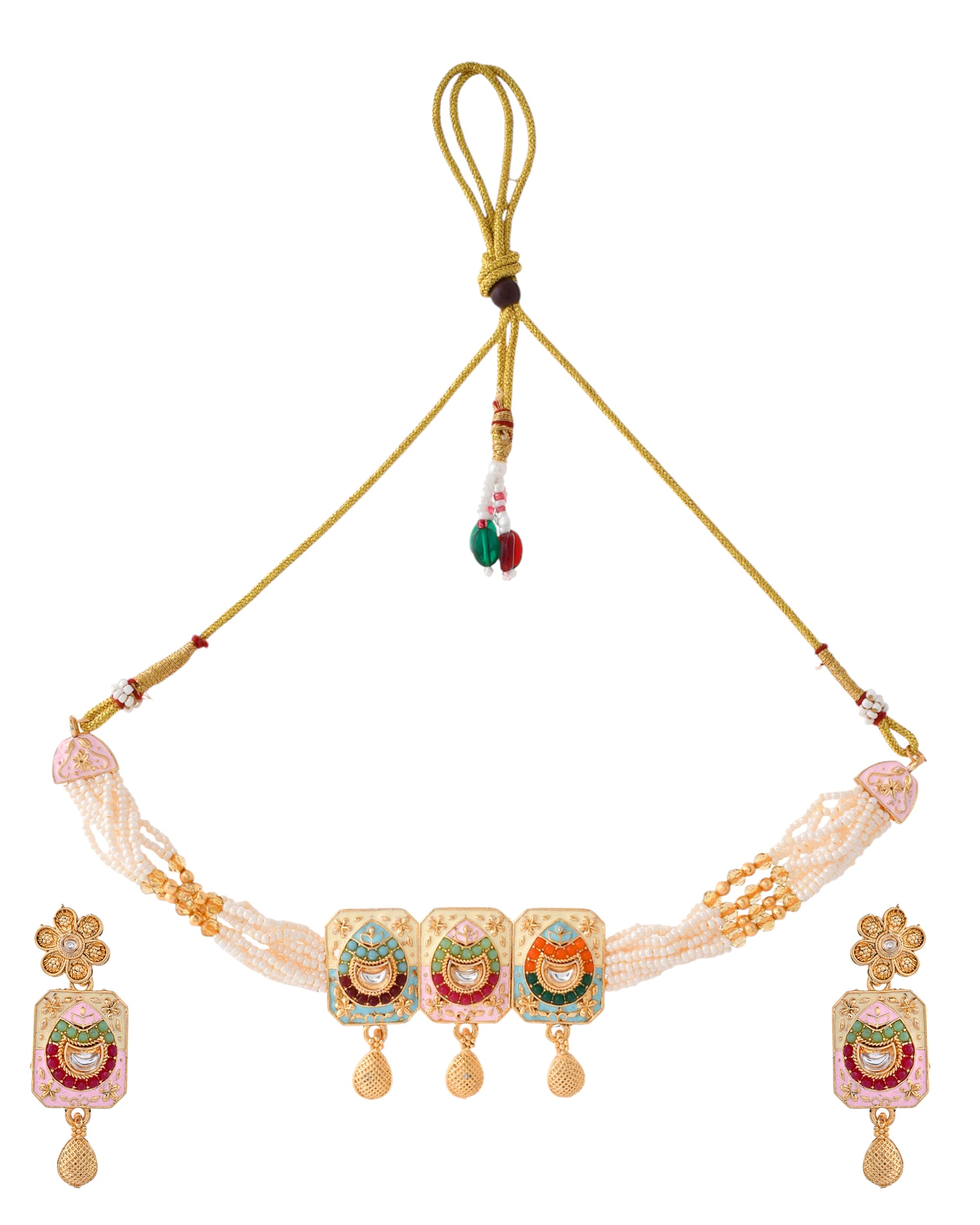 Jewels Nest Traditional Gold-Polished Kundan & Pearl Multi-Color Necklace and Earrings Set for Women - Distacart