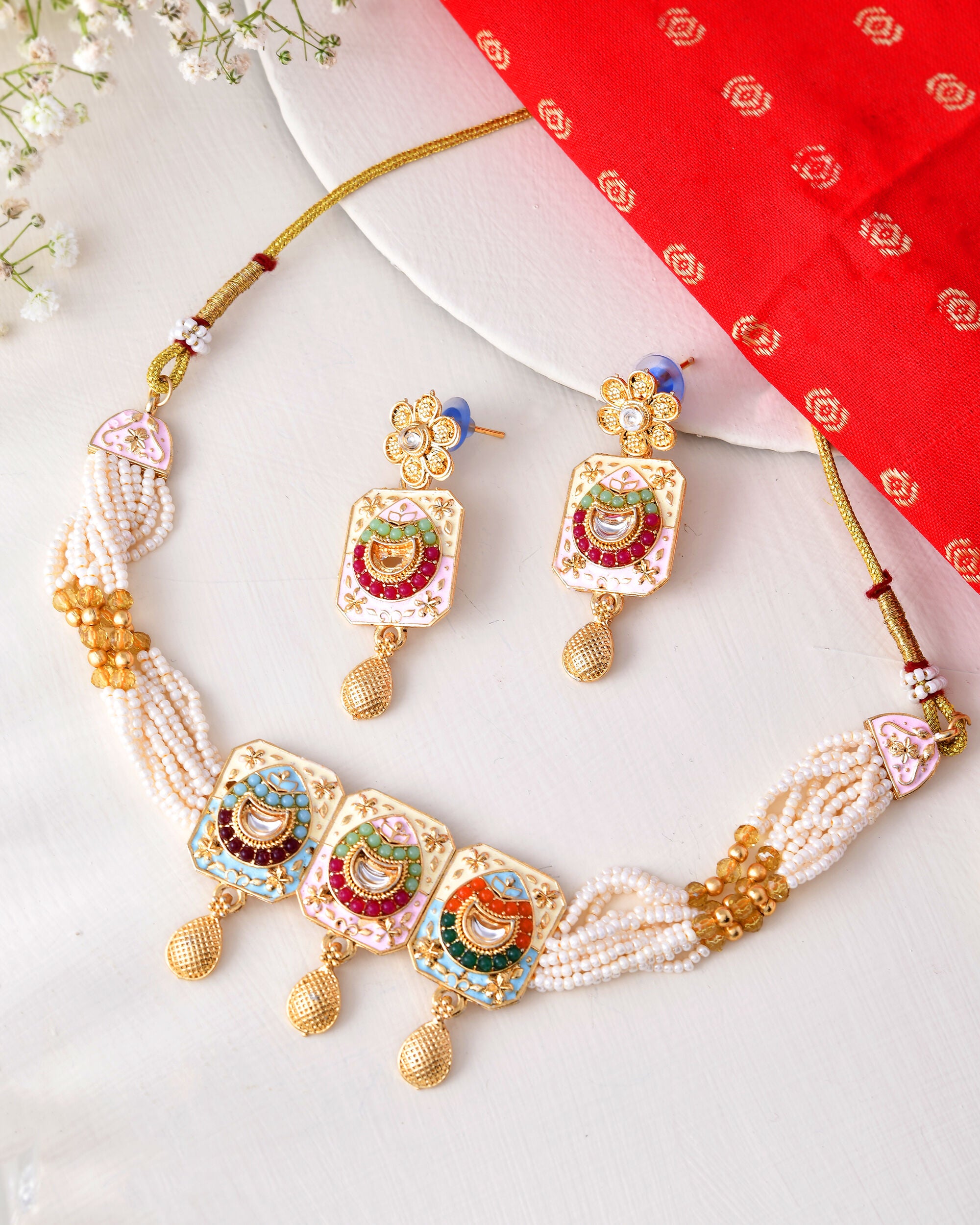 Jewels Nest Traditional Gold-Polished Kundan & Pearl Multi-Color Necklace and Earrings Set for Women - Distacart
