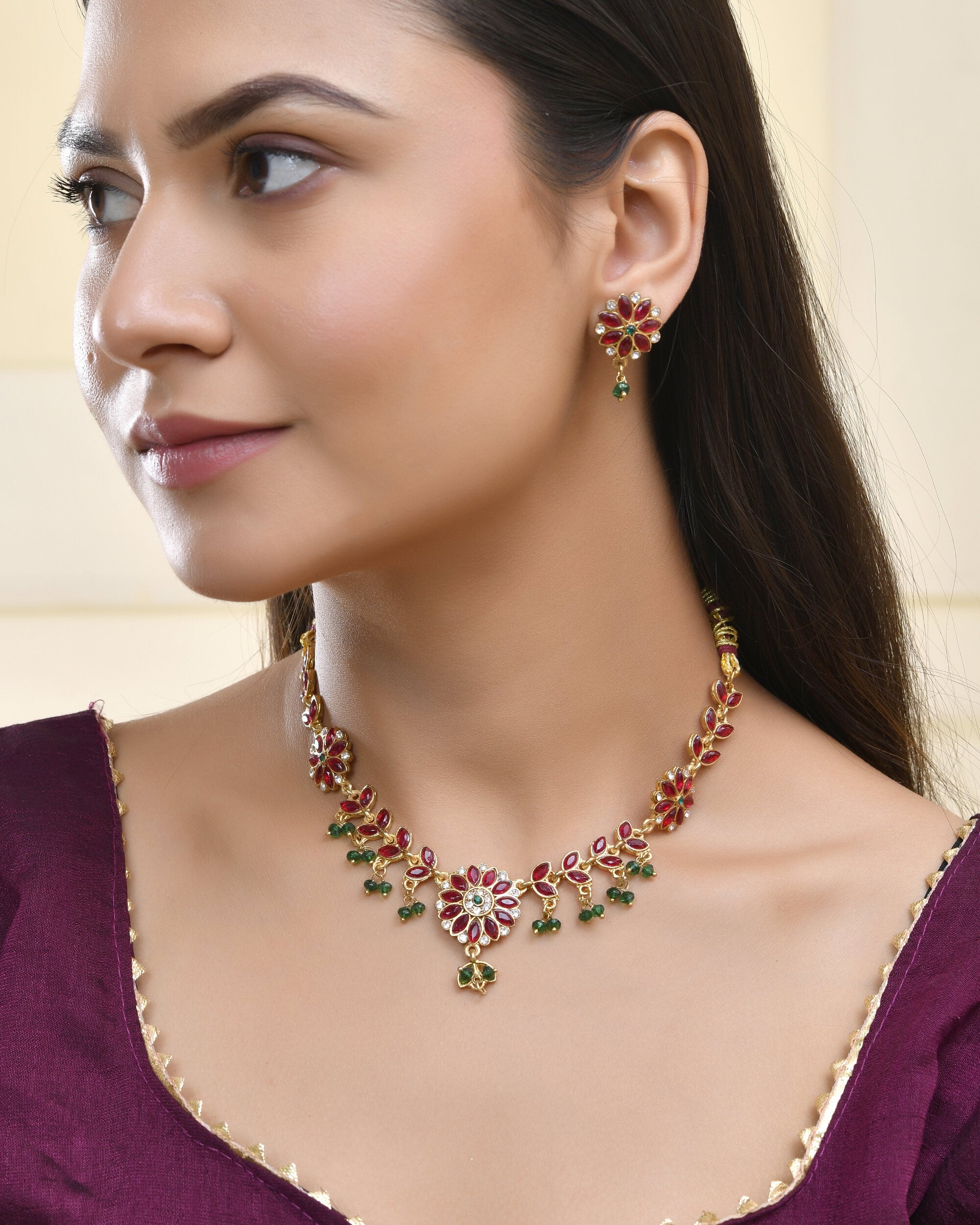 Jewels Nest Traditional Ruby and Emerald Floral Necklace & Earrings Set - Distacart