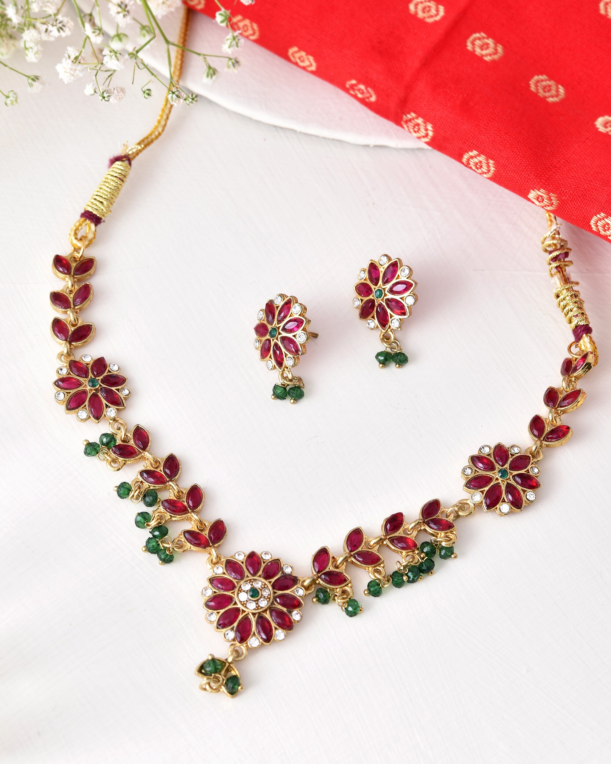 Jewels Nest Traditional Ruby and Emerald Floral Necklace & Earrings Set - Distacart