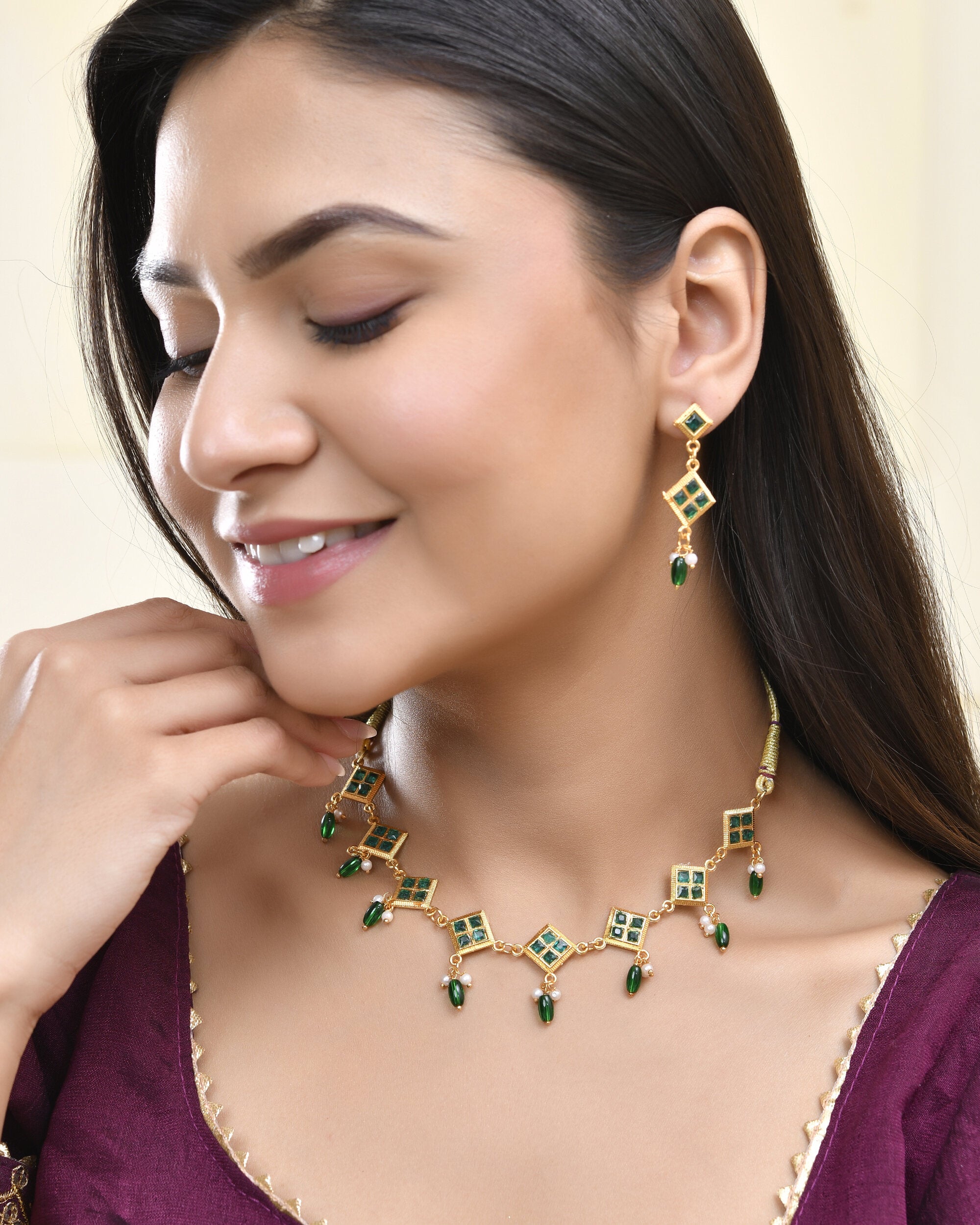 Jewels Nest Elegant Green Square Drop Necklace & Earrings Set - Distacart
