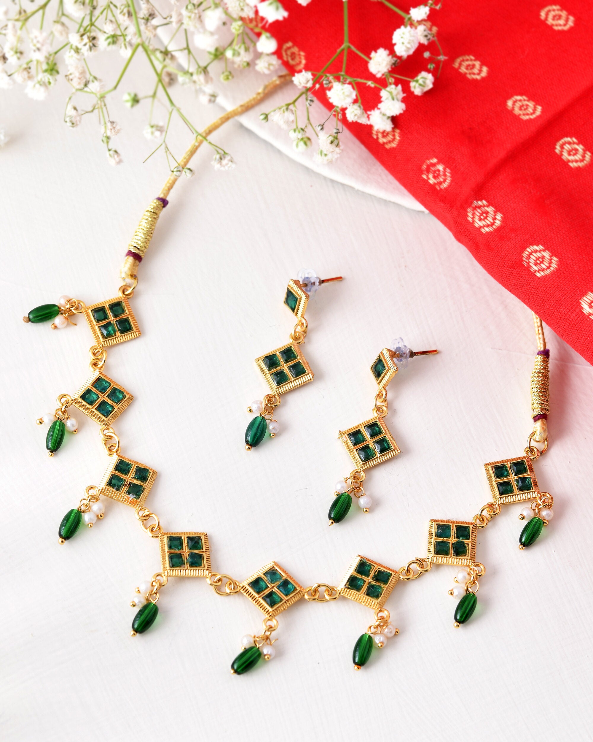 Jewels Nest Elegant Green Square Drop Necklace & Earrings Set - Distacart