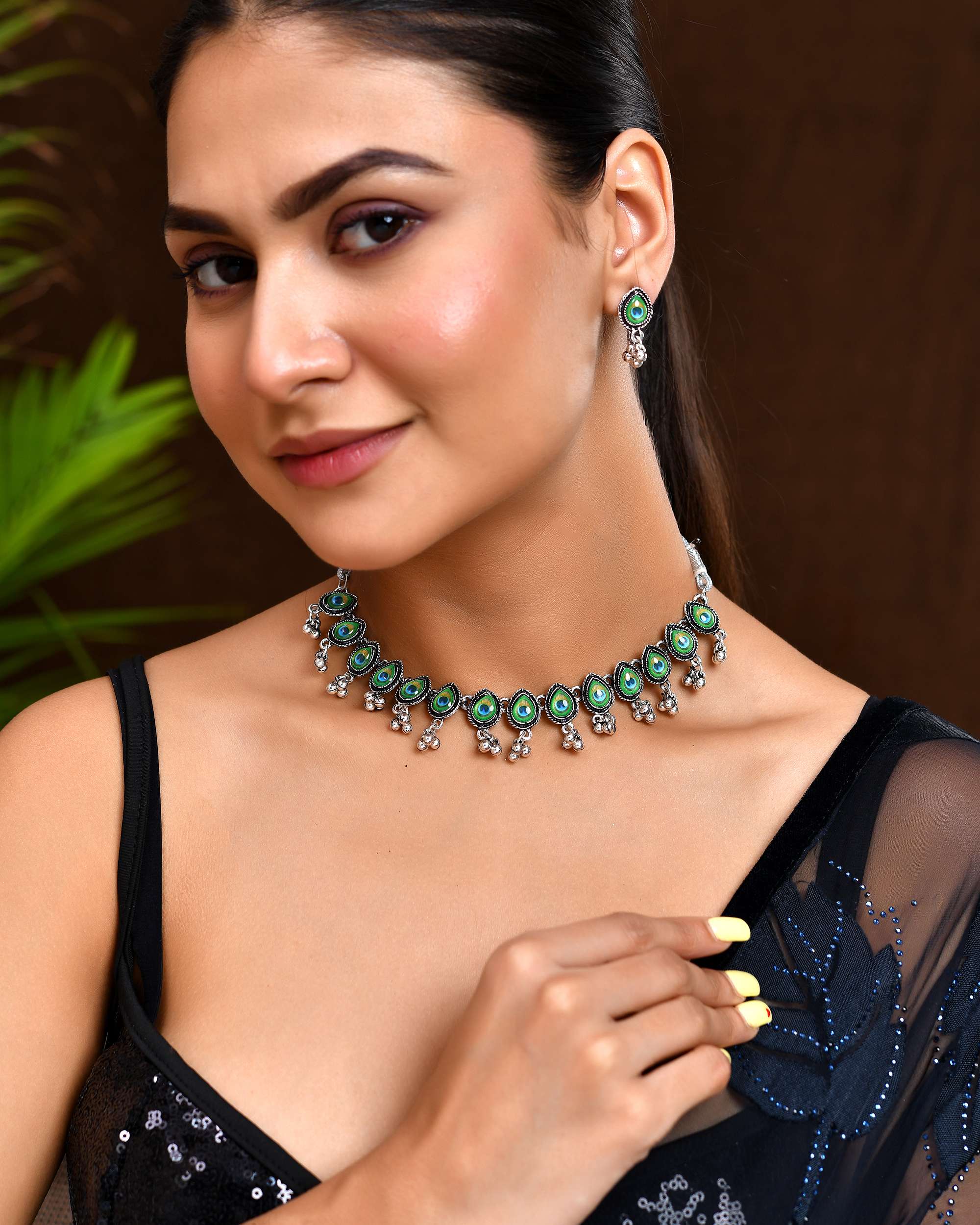 Jewels Nest Oxidised Silver Peacock Feather Necklace with Matching Earrings Set