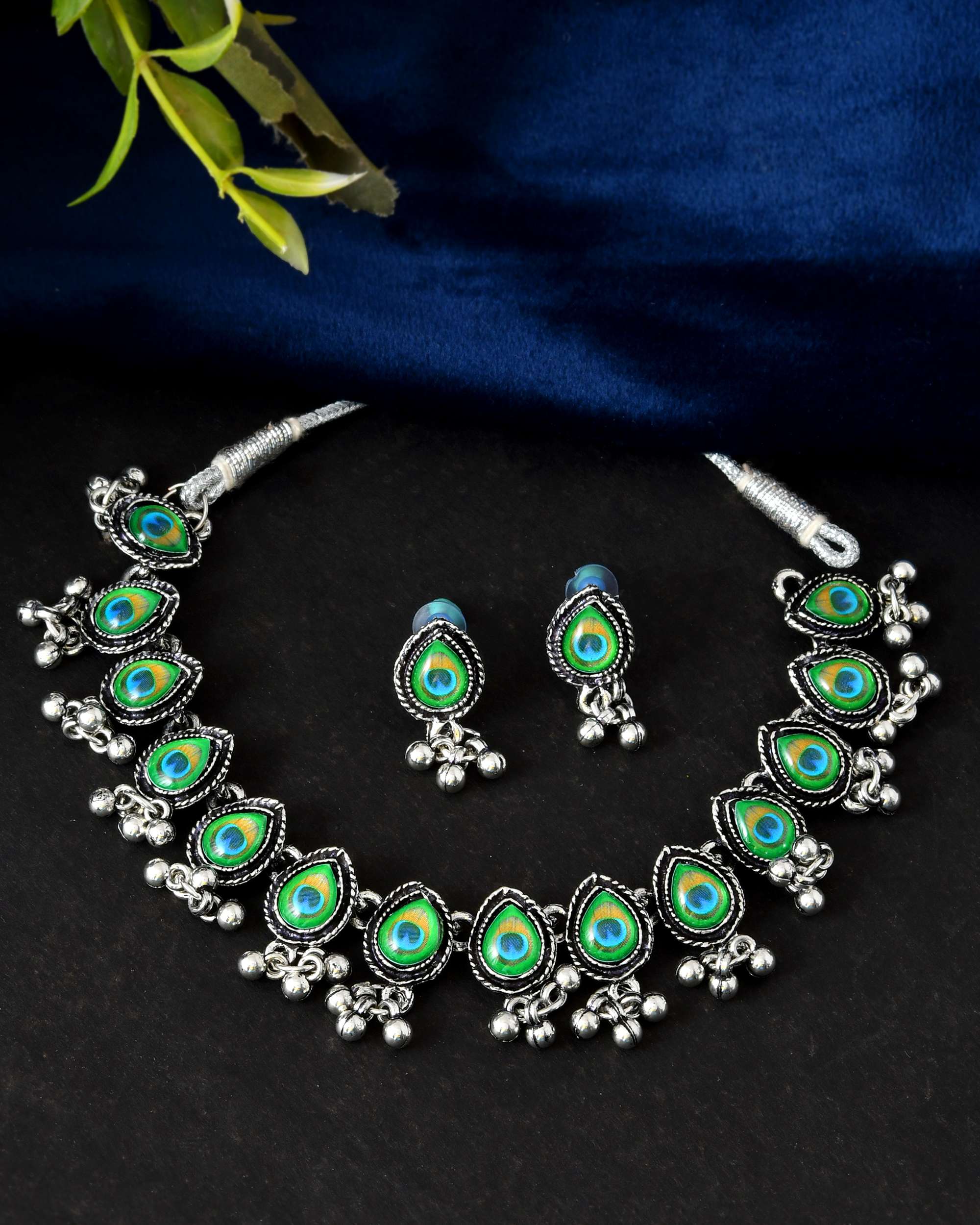 Jewels Nest Oxidised Silver Peacock Feather Necklace with Matching Earrings Set