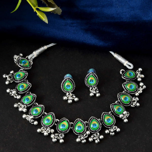 Jewels Nest Oxidised Silver Peacock Feather Necklace with Matching Earrings Set