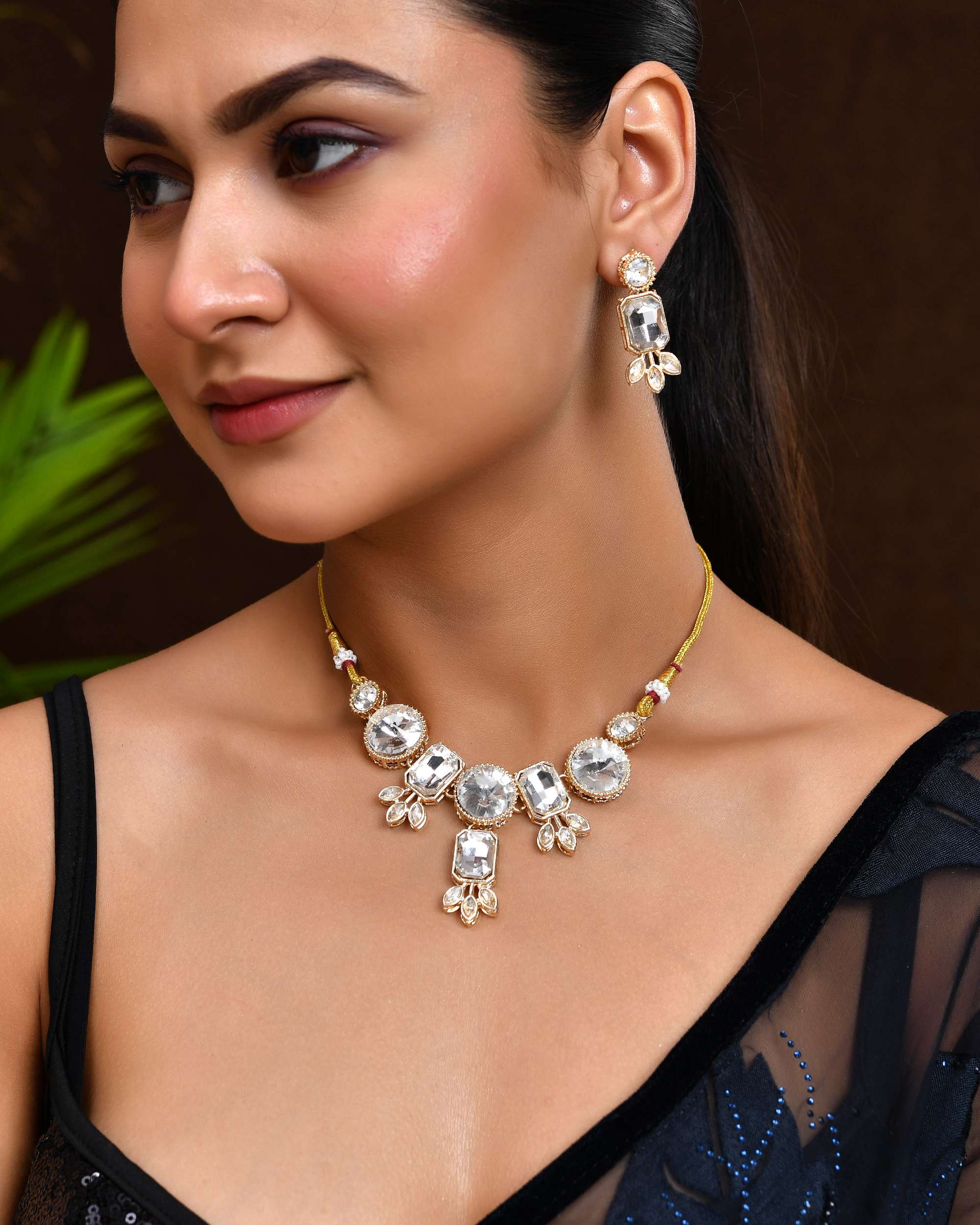 Jewels Nest Gold-Plated AD Stone Choker Necklace with Leaf Motif Detailing for Women