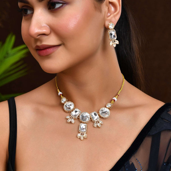 Jewels Nest Gold-Plated AD Stone Choker Necklace with Leaf Motif Detailing for Women