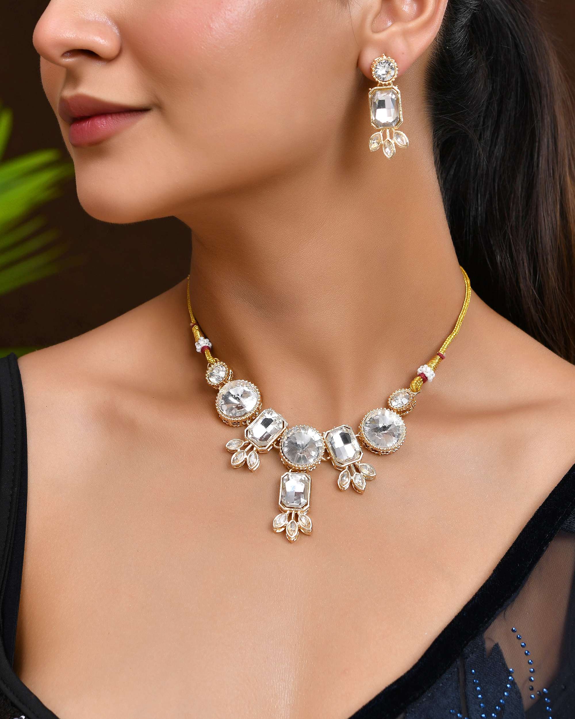 Jewels Nest Gold-Plated AD Stone Choker Necklace with Leaf Motif Detailing for Women