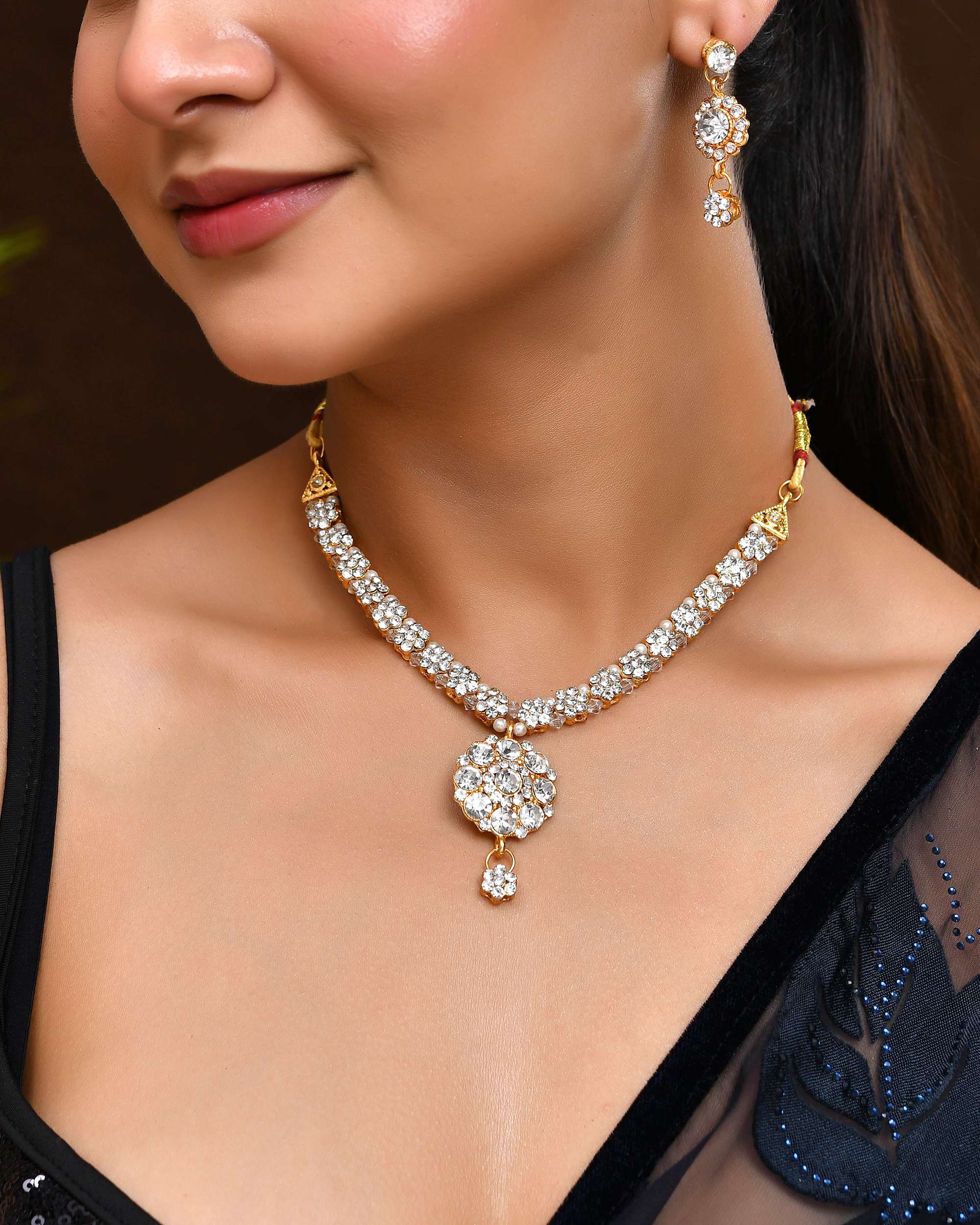 Jewels Nest Glamorous Gold-Plated Crystal Bridal Necklace Set with Earrings & Maang Tikka