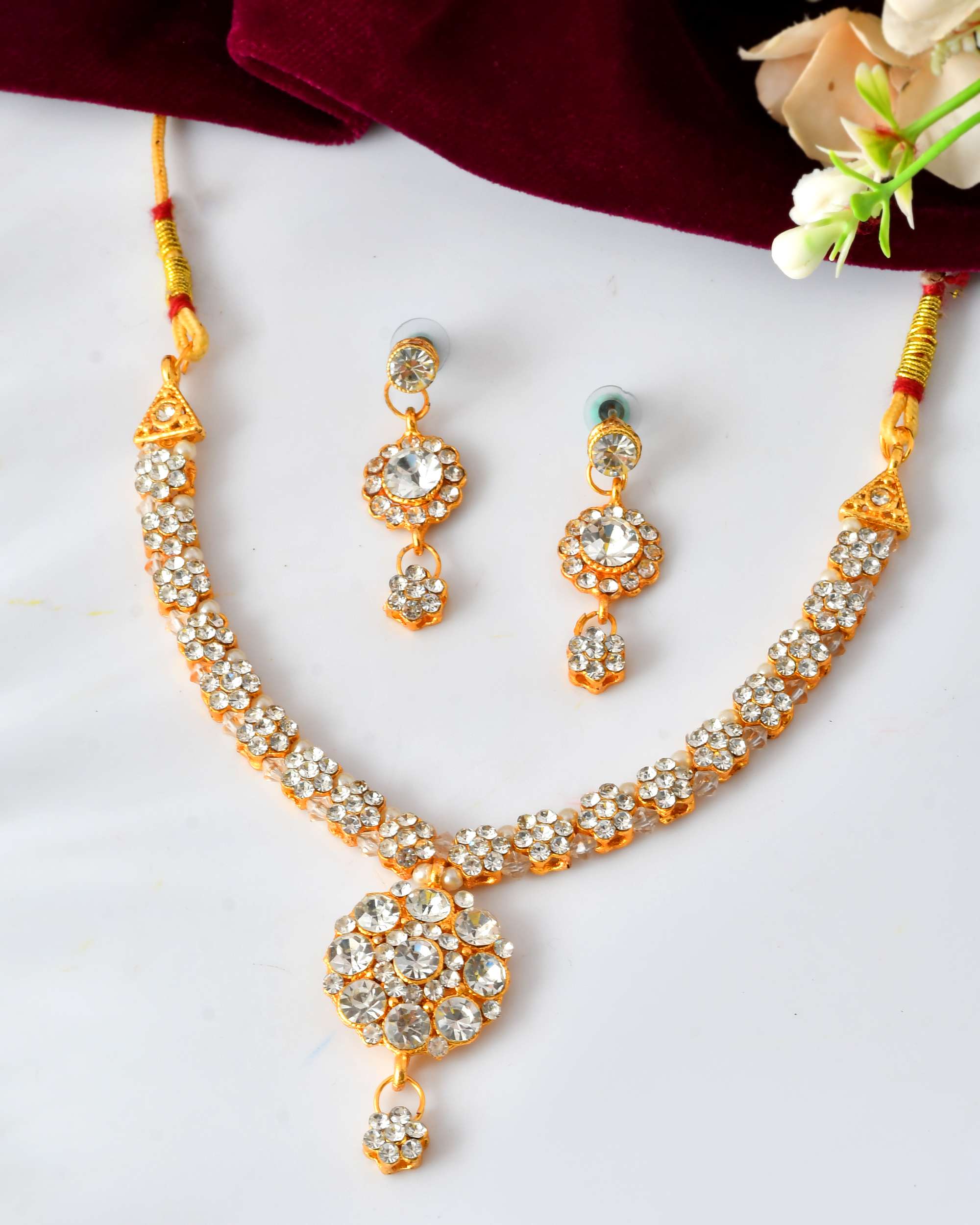 Jewels Nest Glamorous Gold-Plated Crystal Bridal Necklace Set with Earrings & Maang Tikka