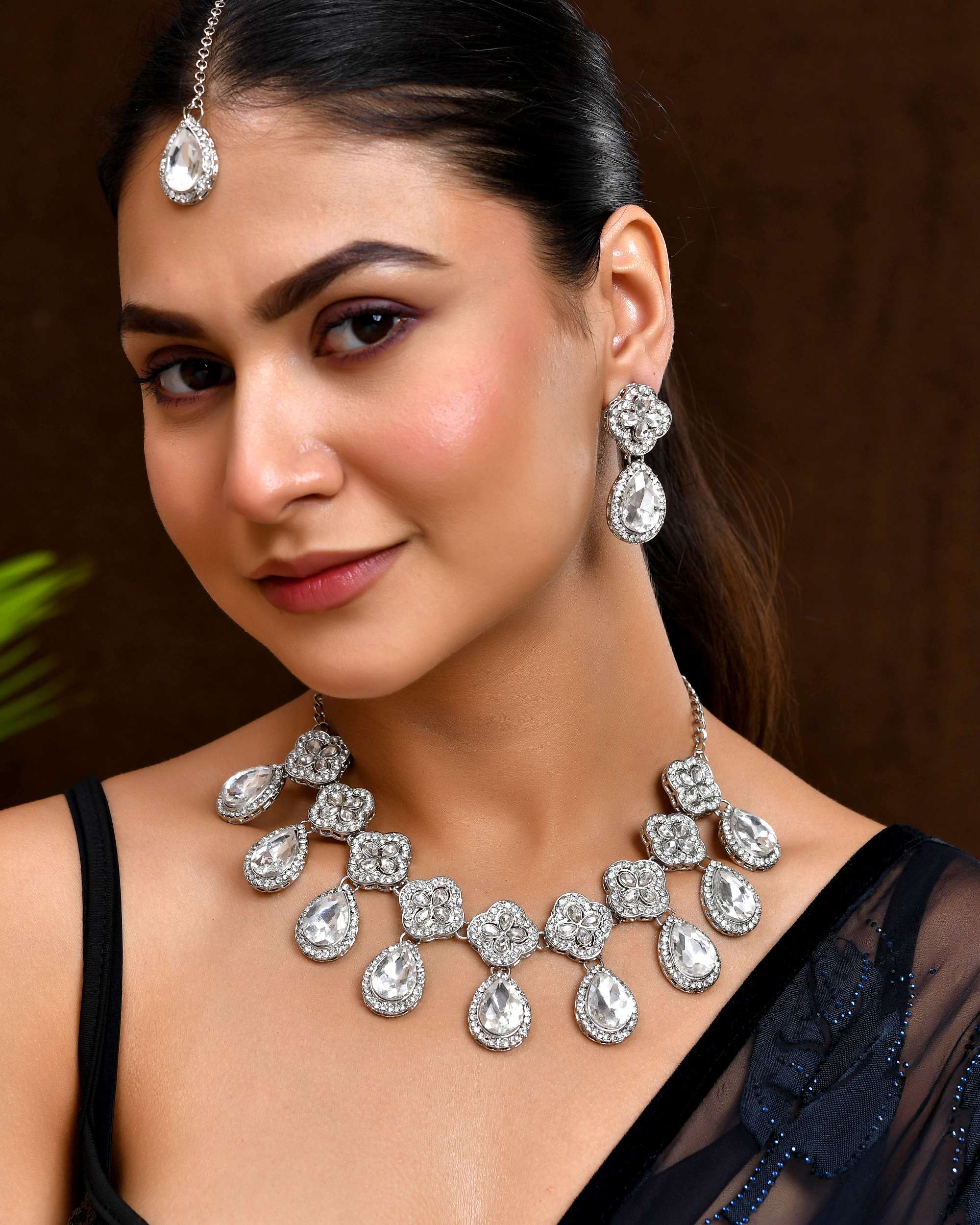 Jewels Nest Elegant Silver-Tone Crystal Drop Necklace for Weddings & Party Wear