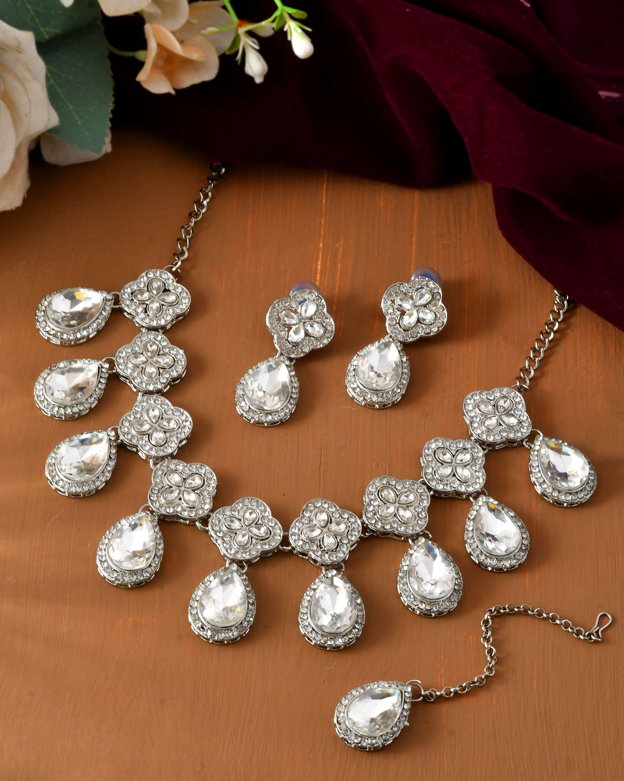 Jewels Nest Elegant Silver-Tone Crystal Drop Necklace for Weddings & Party Wear