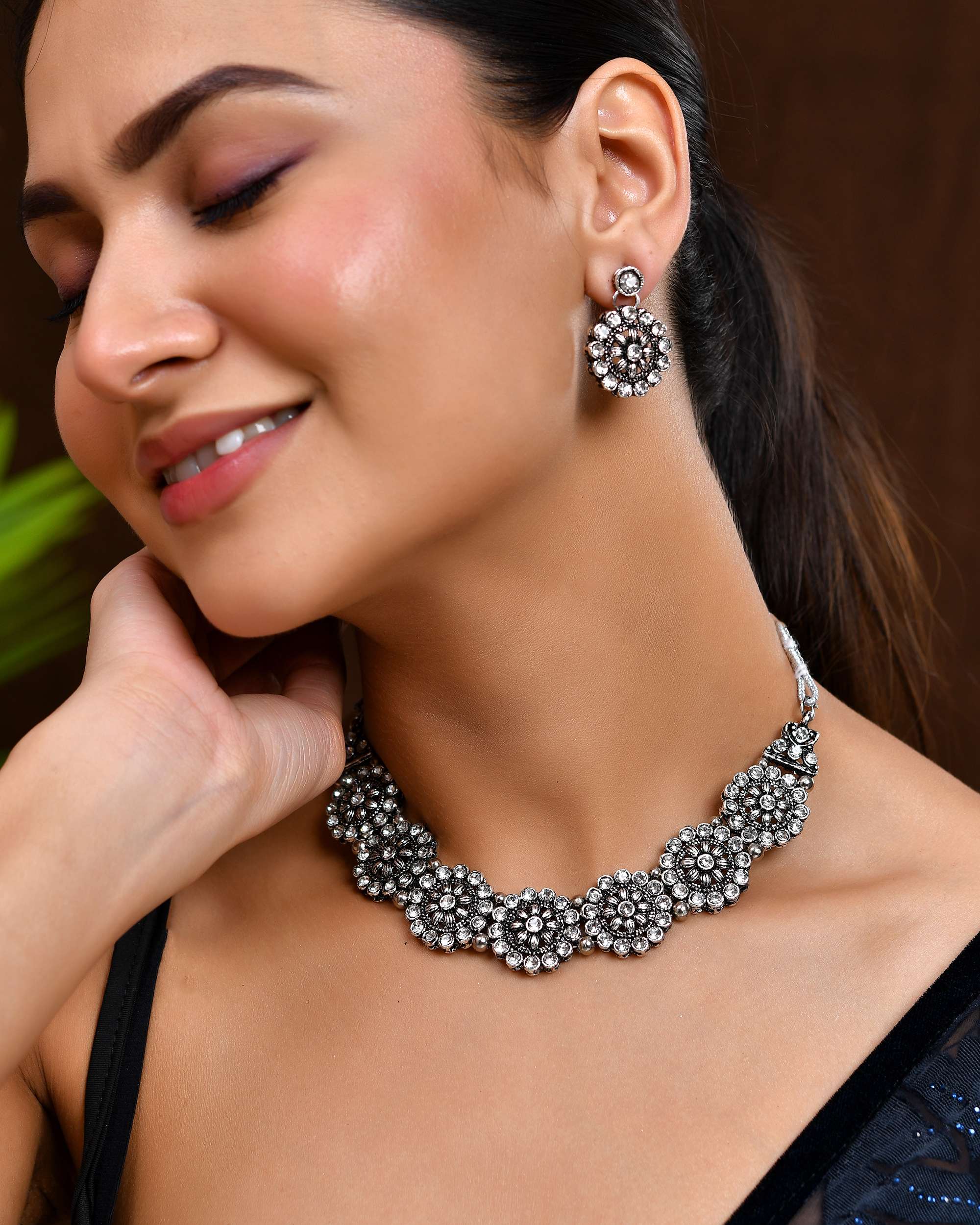 Jewels Nest Oxidised Silver Floral Necklace – Tribal Choker for Ethnic & Fusion Wear