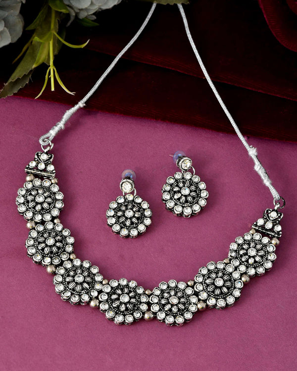 Jewels Nest Oxidised Silver Floral Necklace – Tribal Choker for Ethnic & Fusion Wear