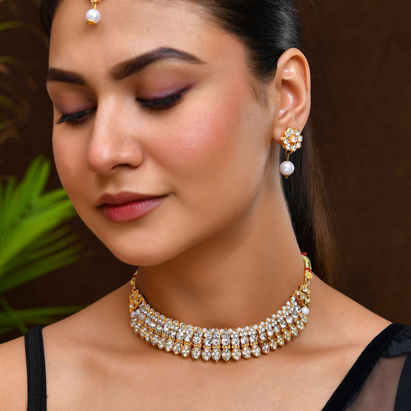 Jewels Nest Gold-Plated American Diamond Studded & Beaded Choker Jewellery Set