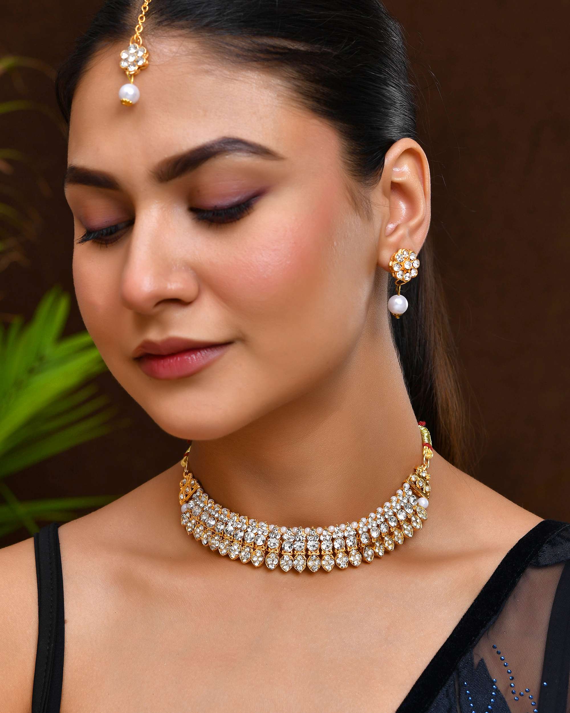 Jewels Nest Gold-Plated American Diamond Studded & Beaded Choker Jewellery Set - Distacart