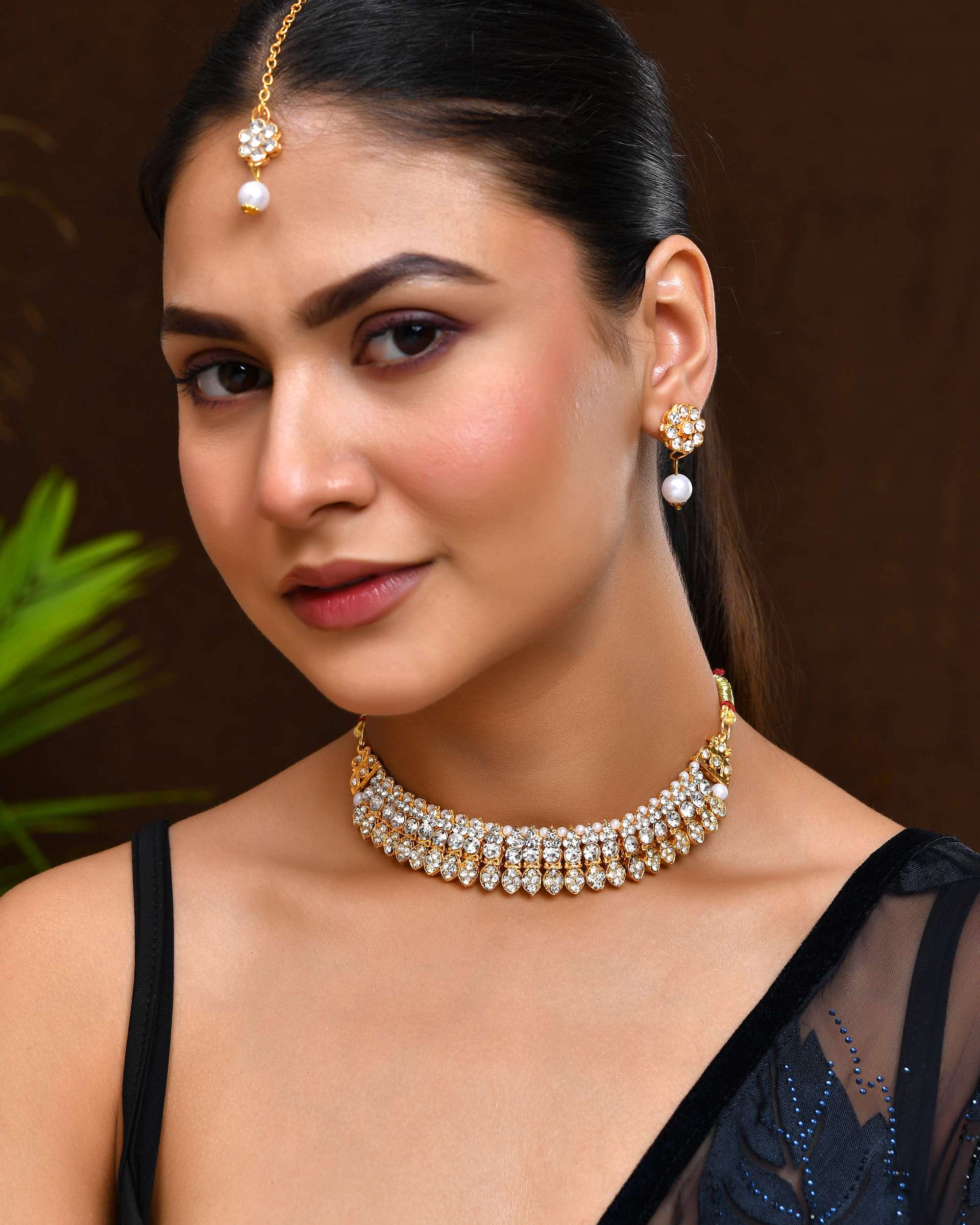 Jewels Nest Gold-Plated American Diamond Studded & Beaded Choker Jewellery Set