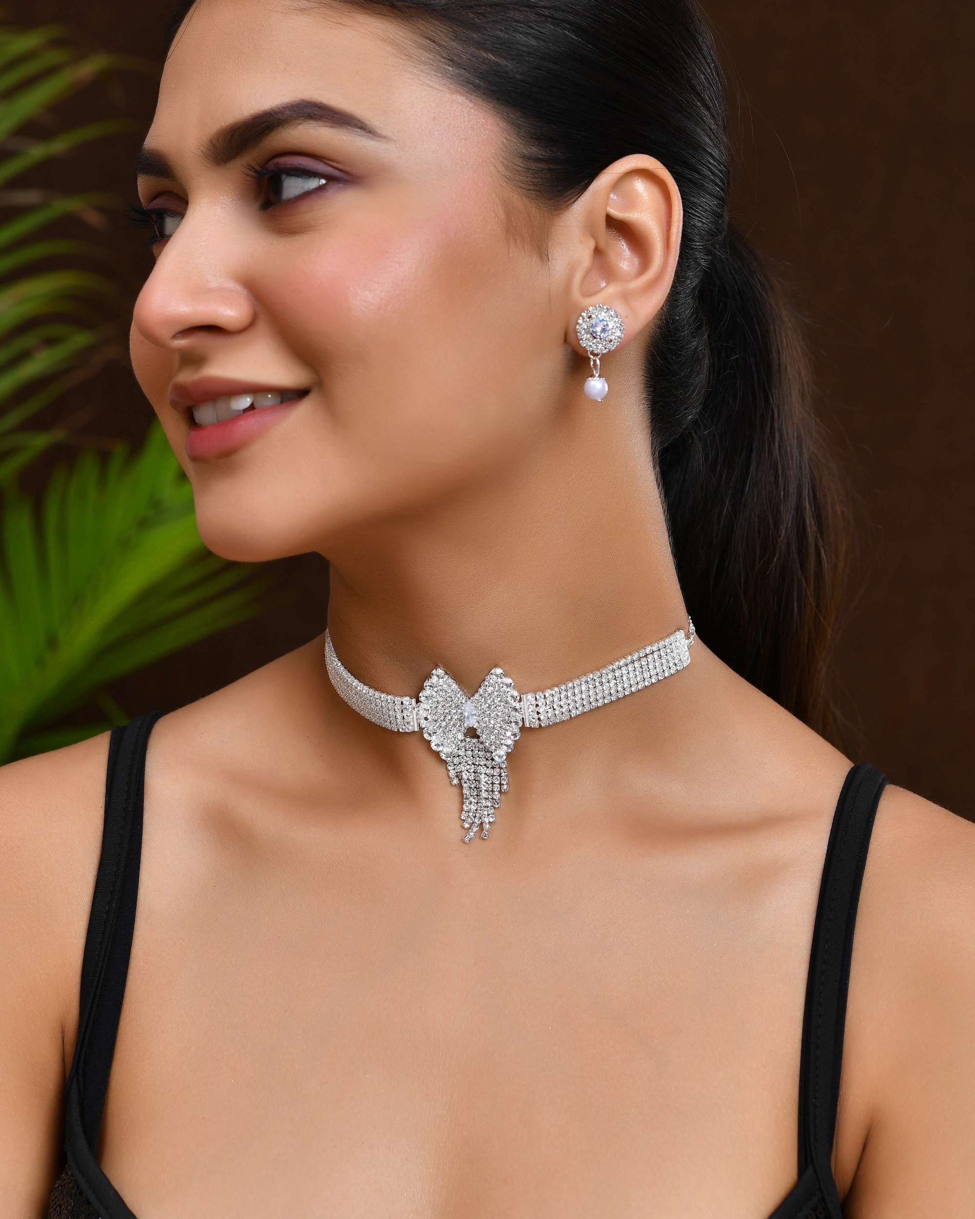 Jewels Nest American Diamond-Studded & Pearl Droplet Silver Choker Set