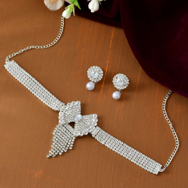 Jewels Nest American Diamond-Studded & Pearl Droplet Silver Choker Set