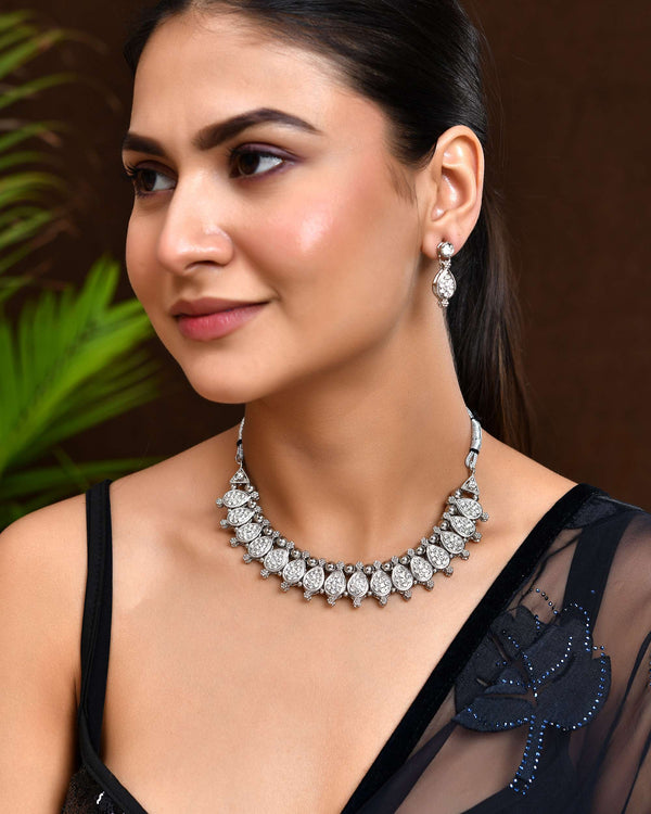 Jewels Nest Silver-Plated AD Studded Traditional Necklace Set for Women