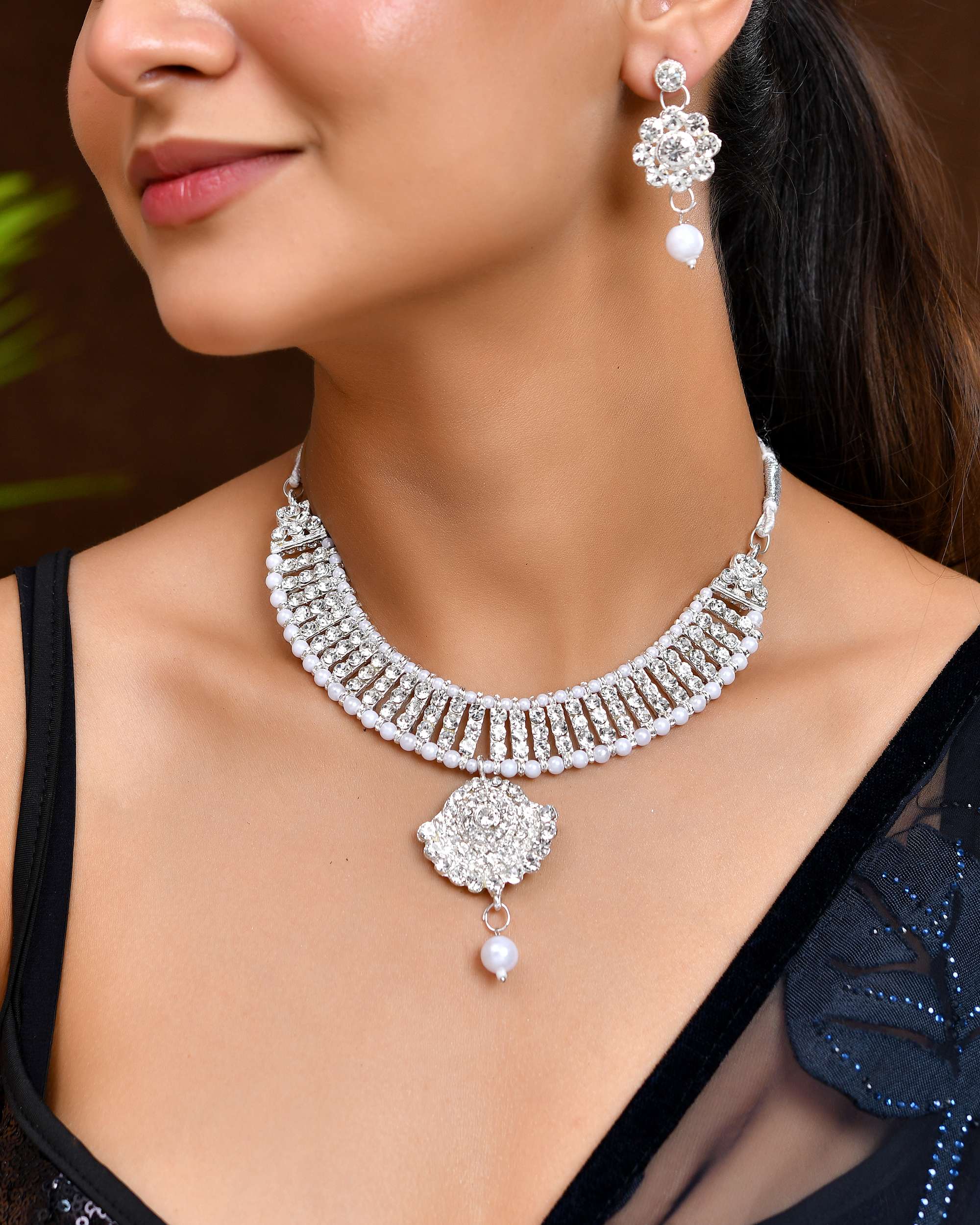 Jewels Nest Dazzling Occasion-Wear Set in Radiant Silver Finish and White Detailing