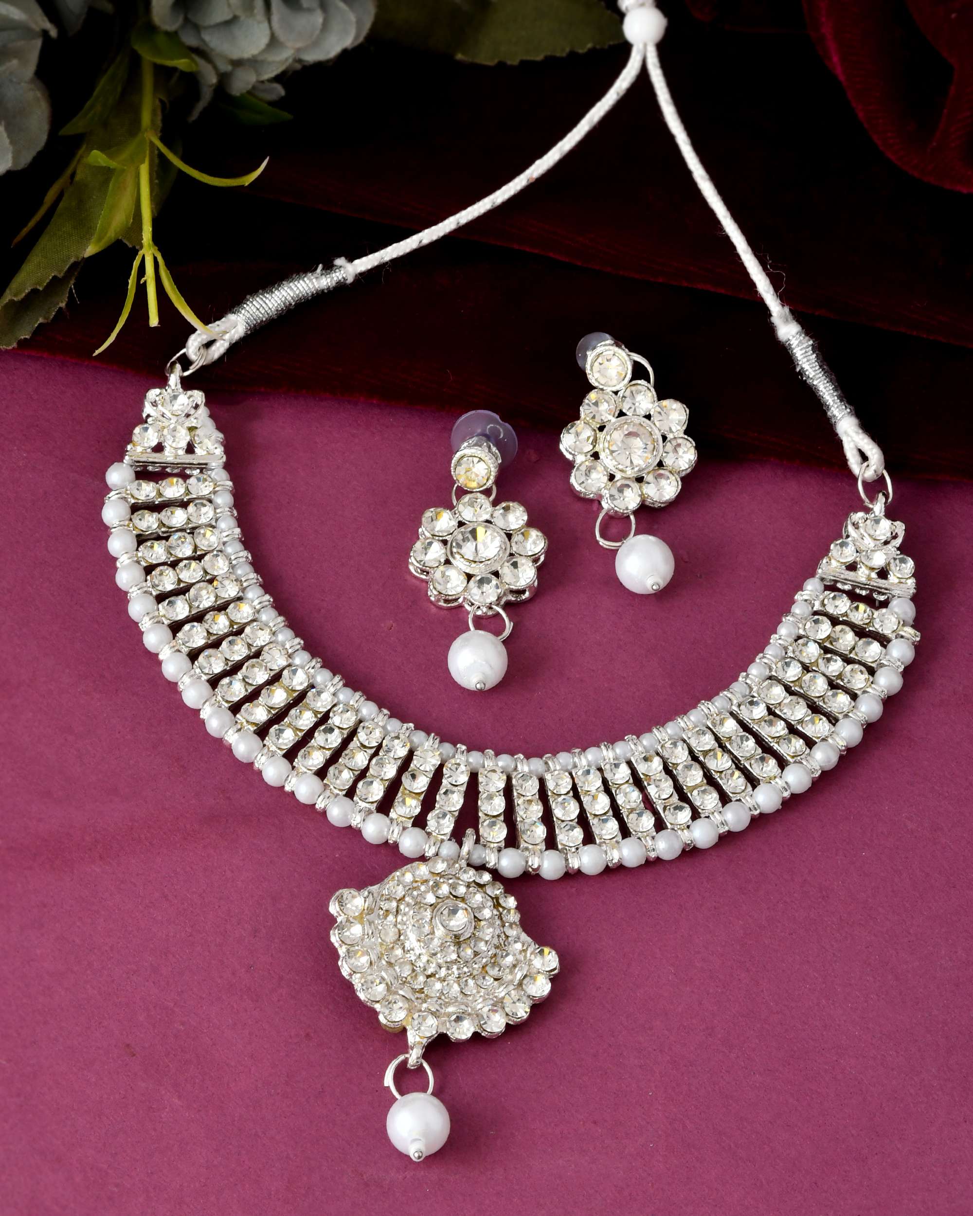 Jewels Nest Dazzling Occasion-Wear Set in Radiant Silver Finish and White Detailing