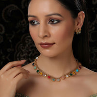 Thumbnail for Multi Colored Stone in Gold Choker with Earrings (Multi Color) - Ruby Raang - Distacart