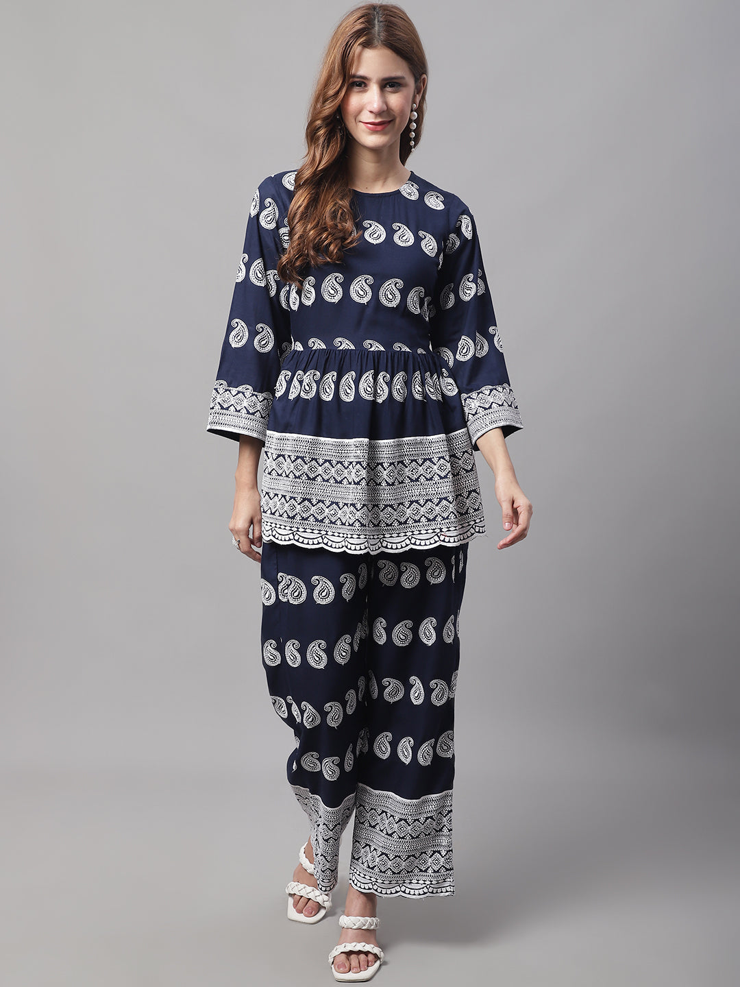 Jainish Women's Embroidered and Sequin work Co-ords - Navy Blue - Distacart