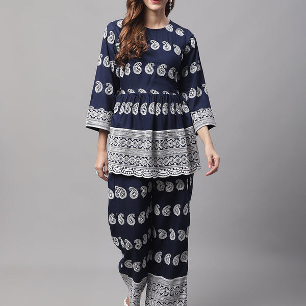 Jainish Women's Embroidered and Sequin work Co-ords - Navy Blue - Distacart