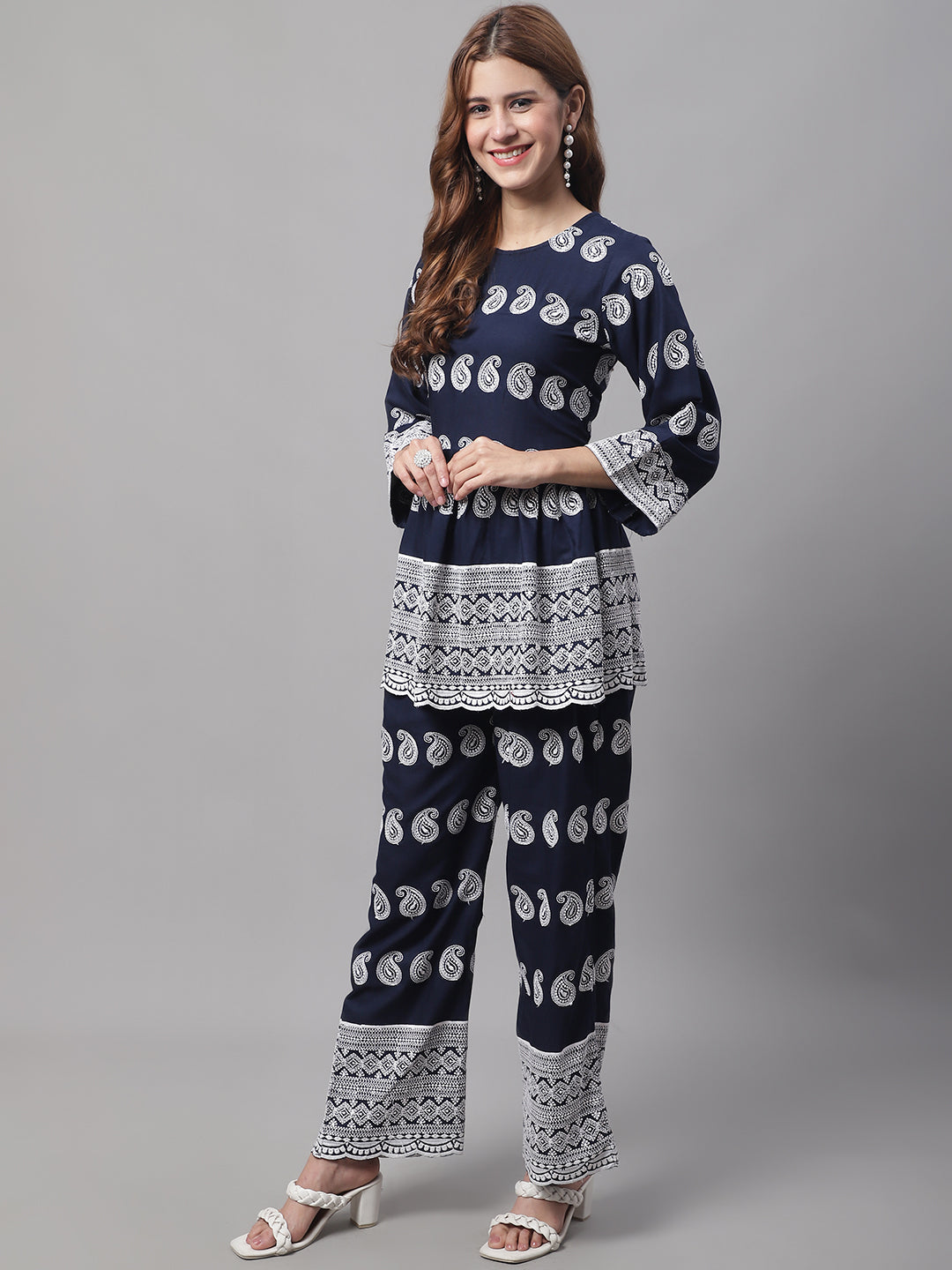 Jainish Women's Embroidered and Sequin work Co-ords - Navy Blue - Distacart