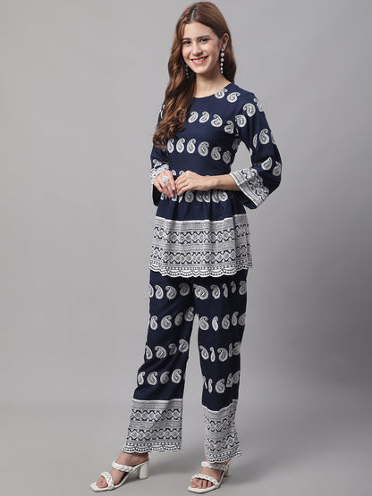 Jainish Women's Embroidered and Sequin work Co-ords - Navy Blue - Distacart