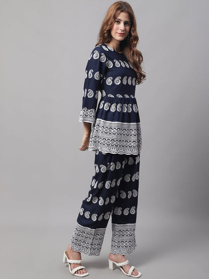 Jainish Women's Embroidered and Sequin work Co-ords - Navy Blue - Distacart
