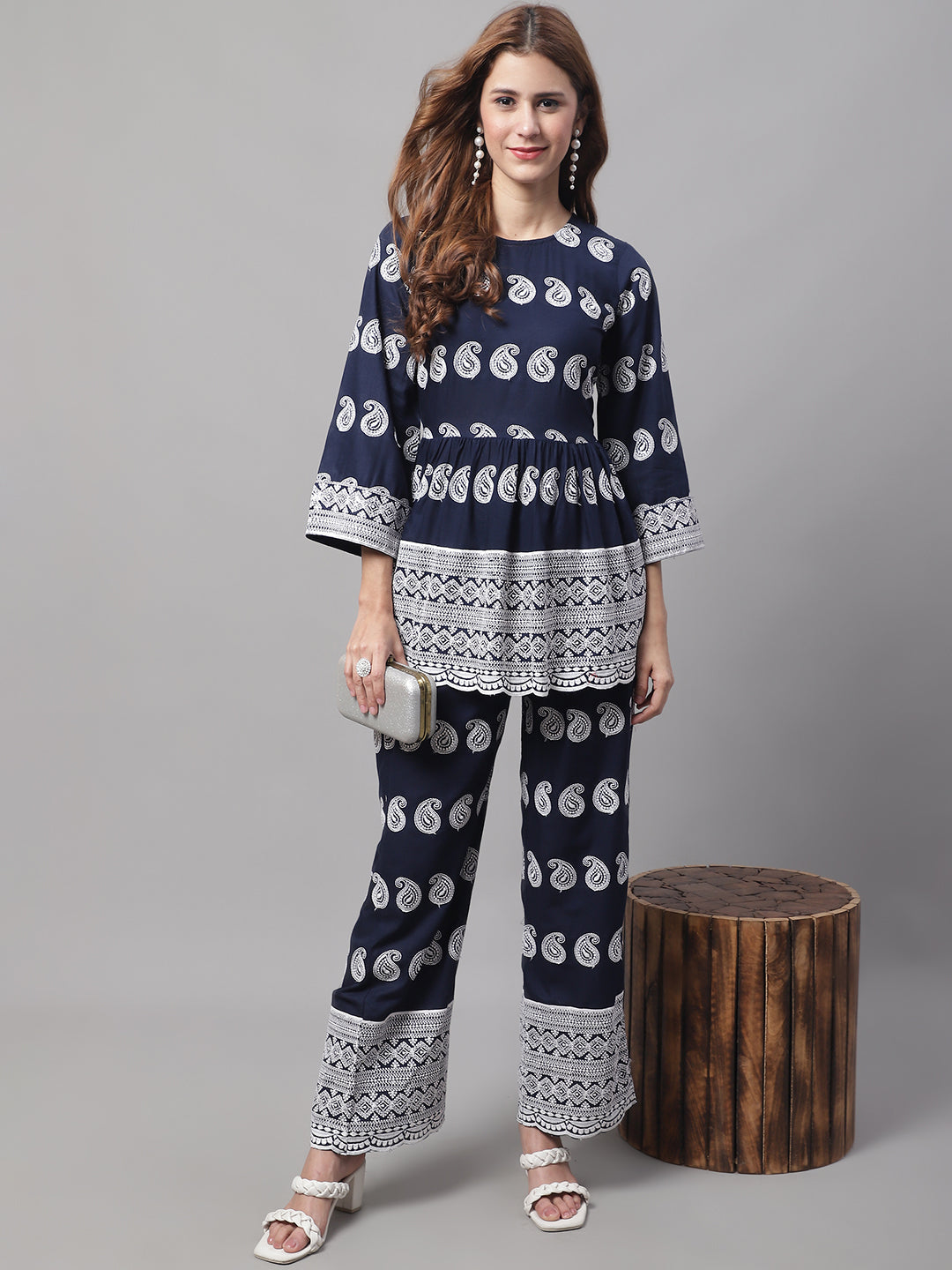 Jainish Women's Embroidered and Sequin work Co-ords - Navy Blue - Distacart