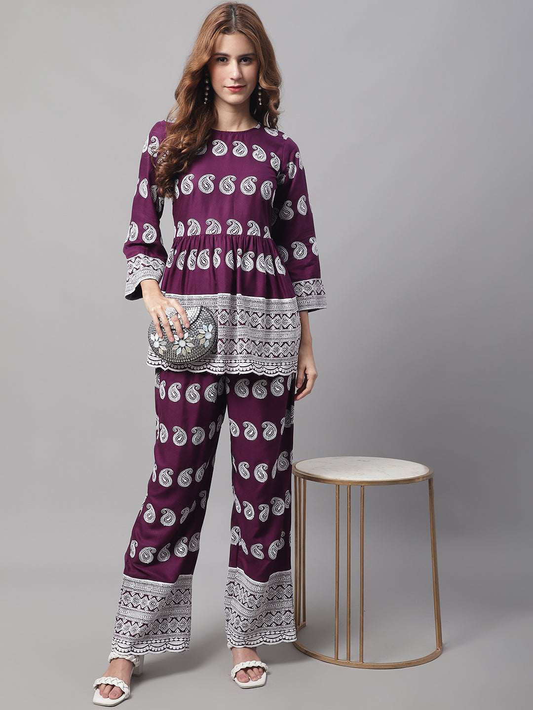 Jainish Women's Embroidered and Sequin work Co-ords - Purple - Distacart