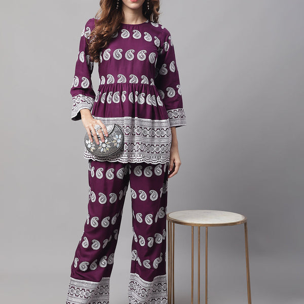 Jainish Women's Embroidered and Sequin work Co-ords - Purple - Distacart