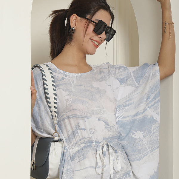 Indian Needle Women's Light-Blue Tie Dye Printed Rayon Kaftan Tunic With Trousers - Light-Blue - Distacart