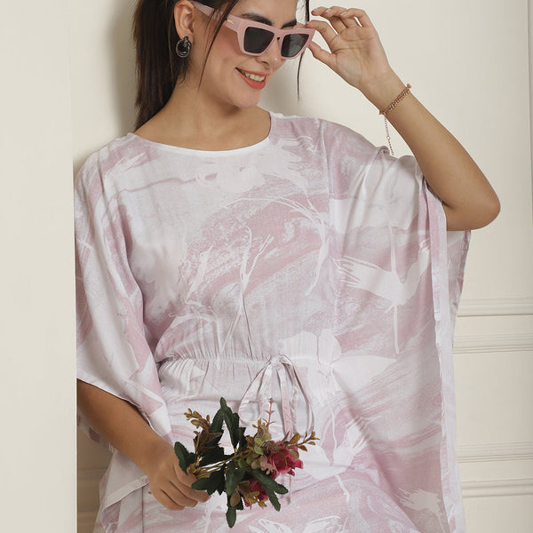 Indian Needle Women's Light-Purple Tie Dye Printed Rayon Kaftan Tunic With Trousers - Light-Purple - Distacart