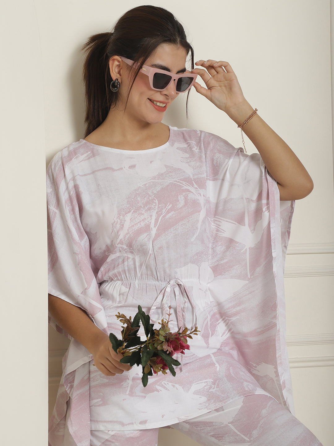Indian Needle Women's Light-Purple Tie Dye Printed Rayon Kaftan Tunic With Trousers - Light-Purple - Distacart
